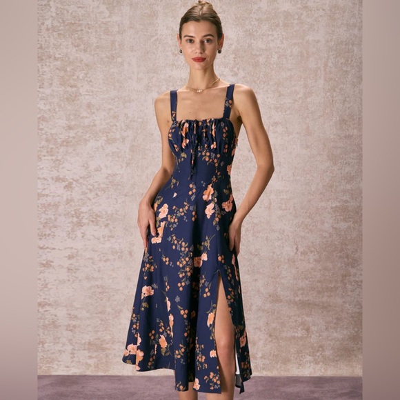 NWT RIHOAS The Navy Lace Up Floral Ruched Midi Dress Sz XS, S, L, M - Picture 1 of 9